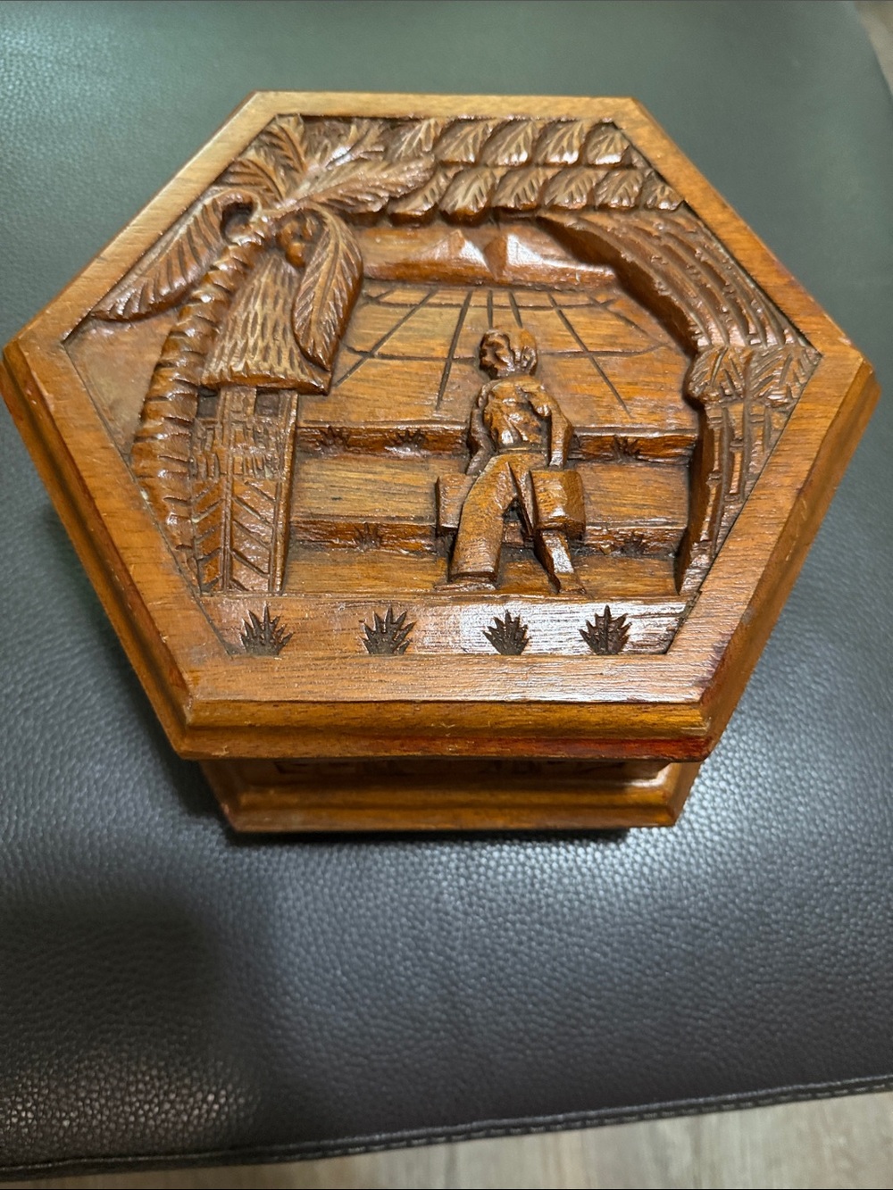 Vintage Hand-Carved Octagonal Wooden hinged jewelry box with mirror